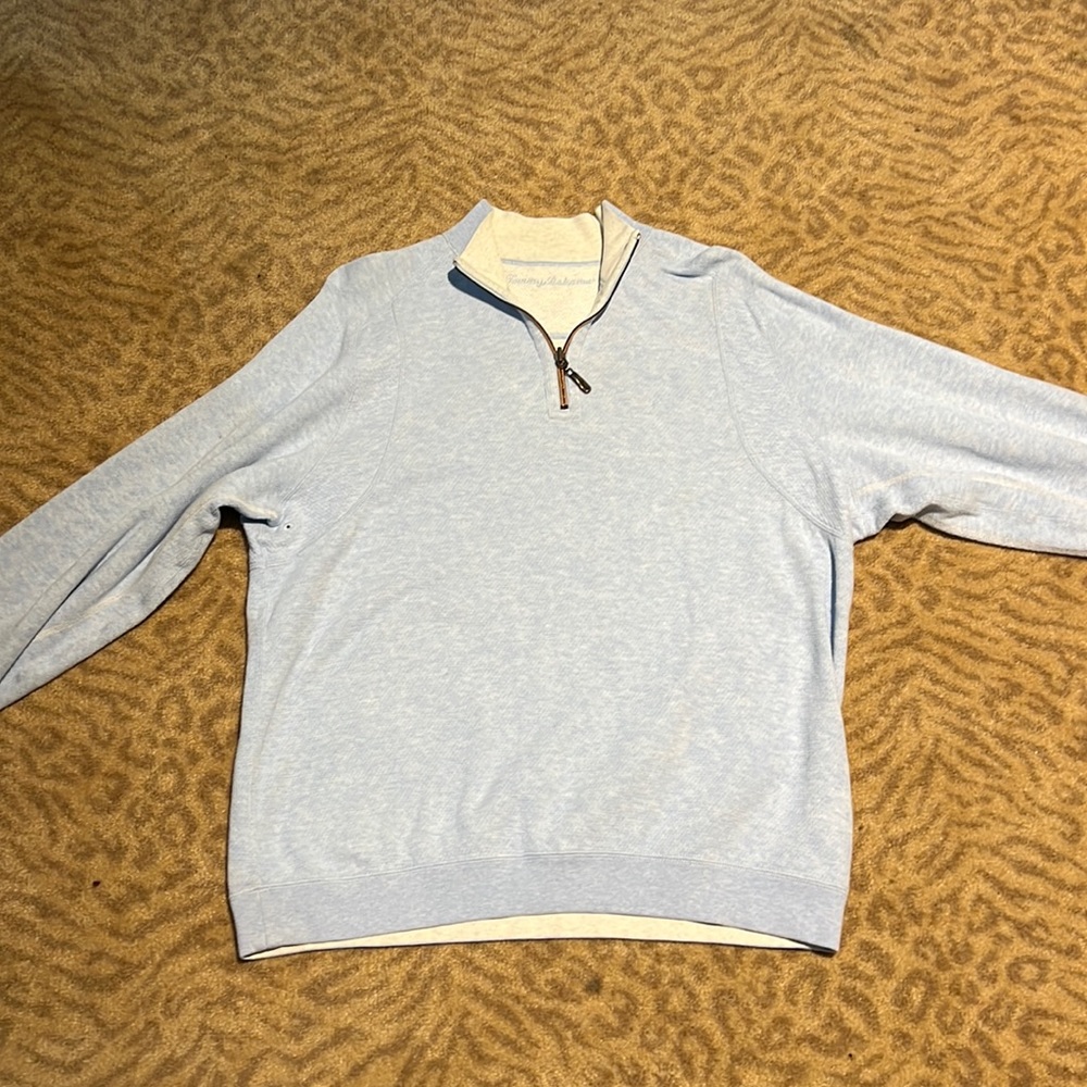 Baby blue Tommy Bahama pull over sweater with short zipper. Excellent condition.